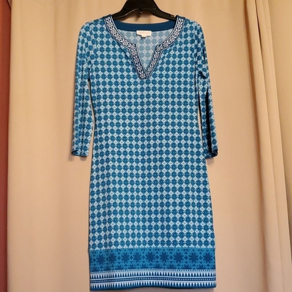 Magnolia Grace Womens Blue 3/4 Sleeve Printed Pattern V-Neck Dress Size XS